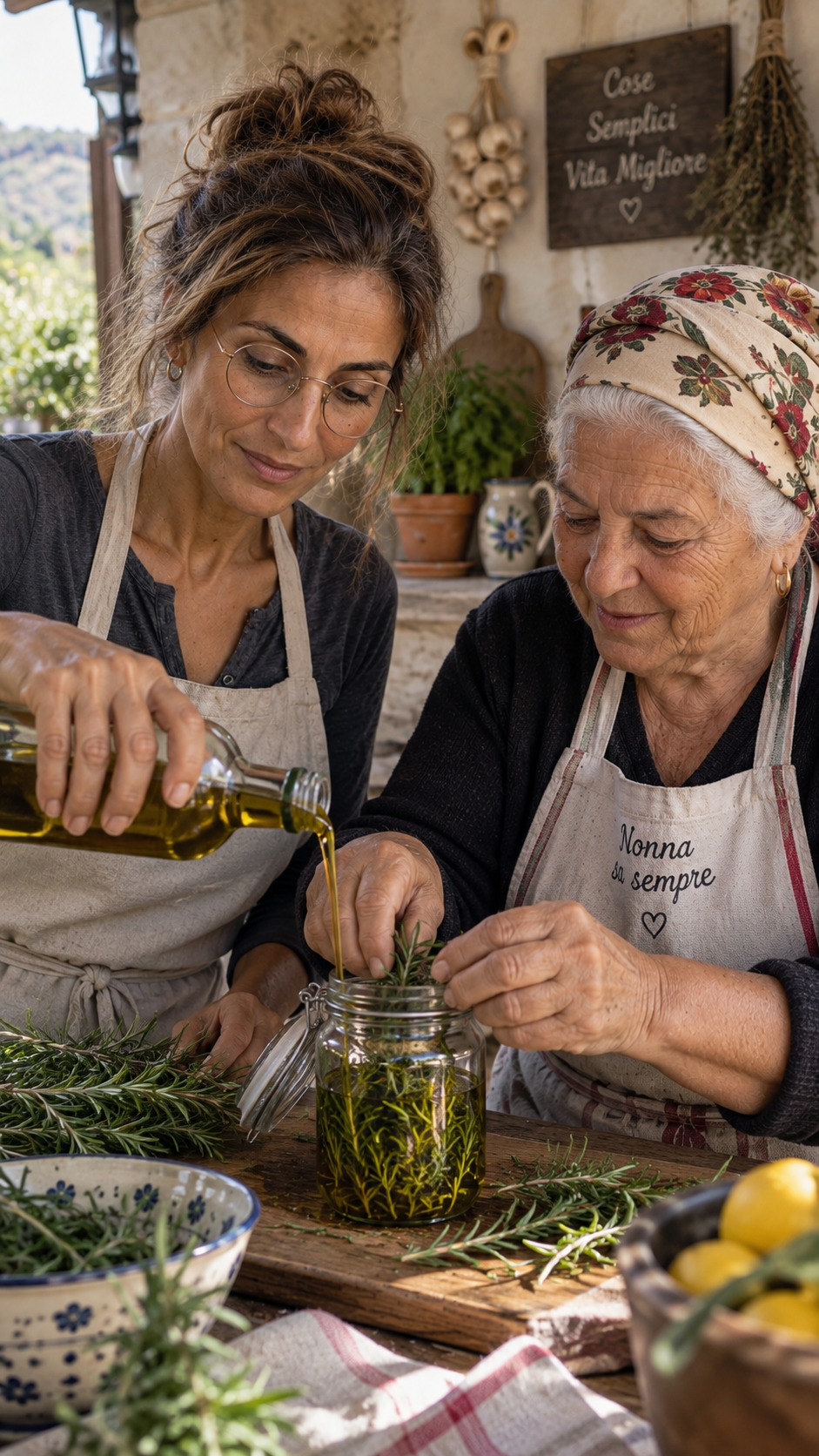 Rose Marchetti and her Nonna preparing rosemary-infused oil together in the Italian countryside